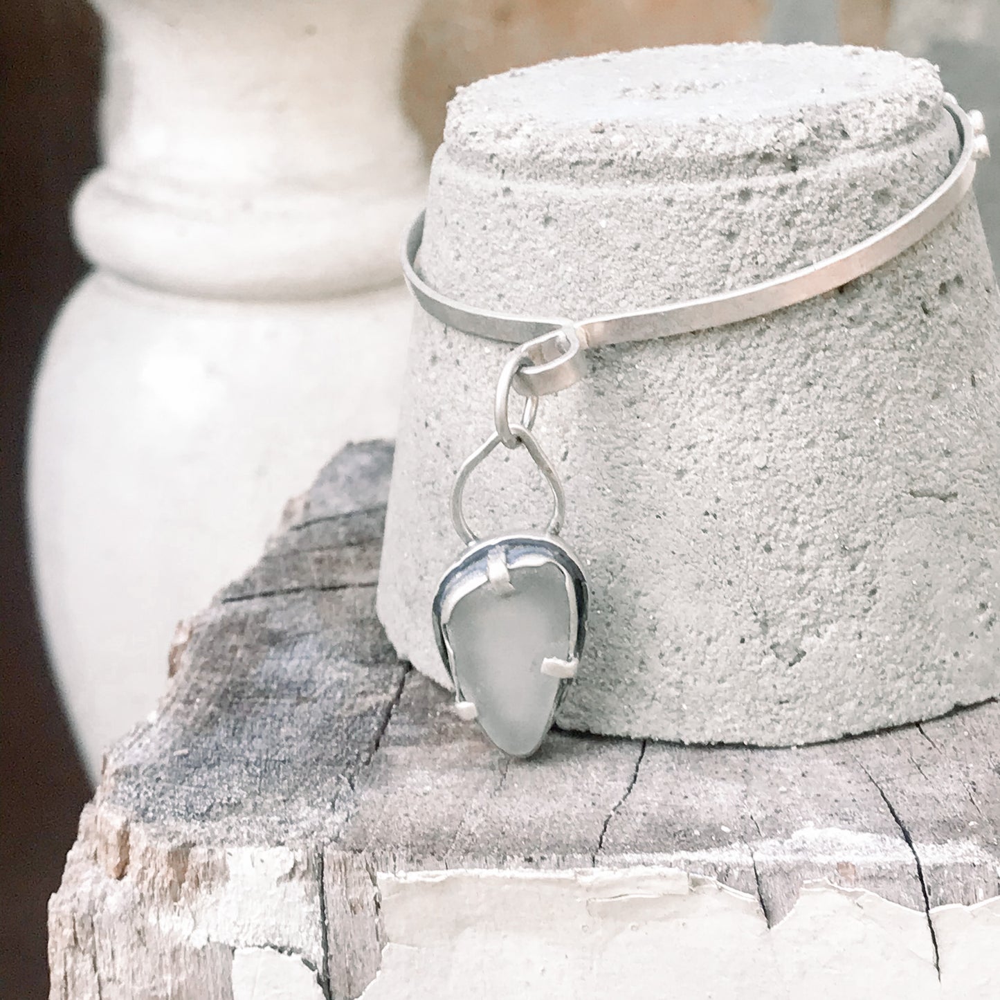 sterling silver bangle with seaglass charm 